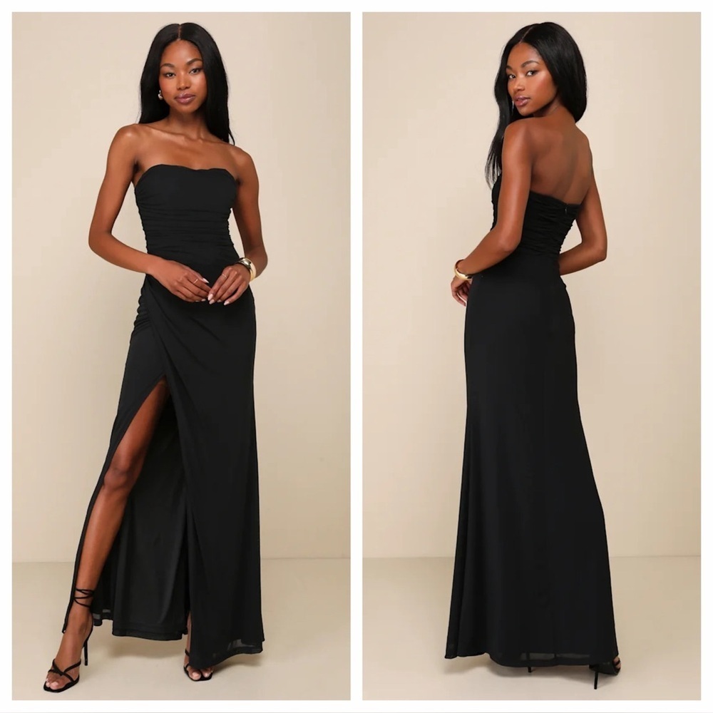 Lulus Epitome of Allure Black Mesh Strapless Ruched Maxi Dress
